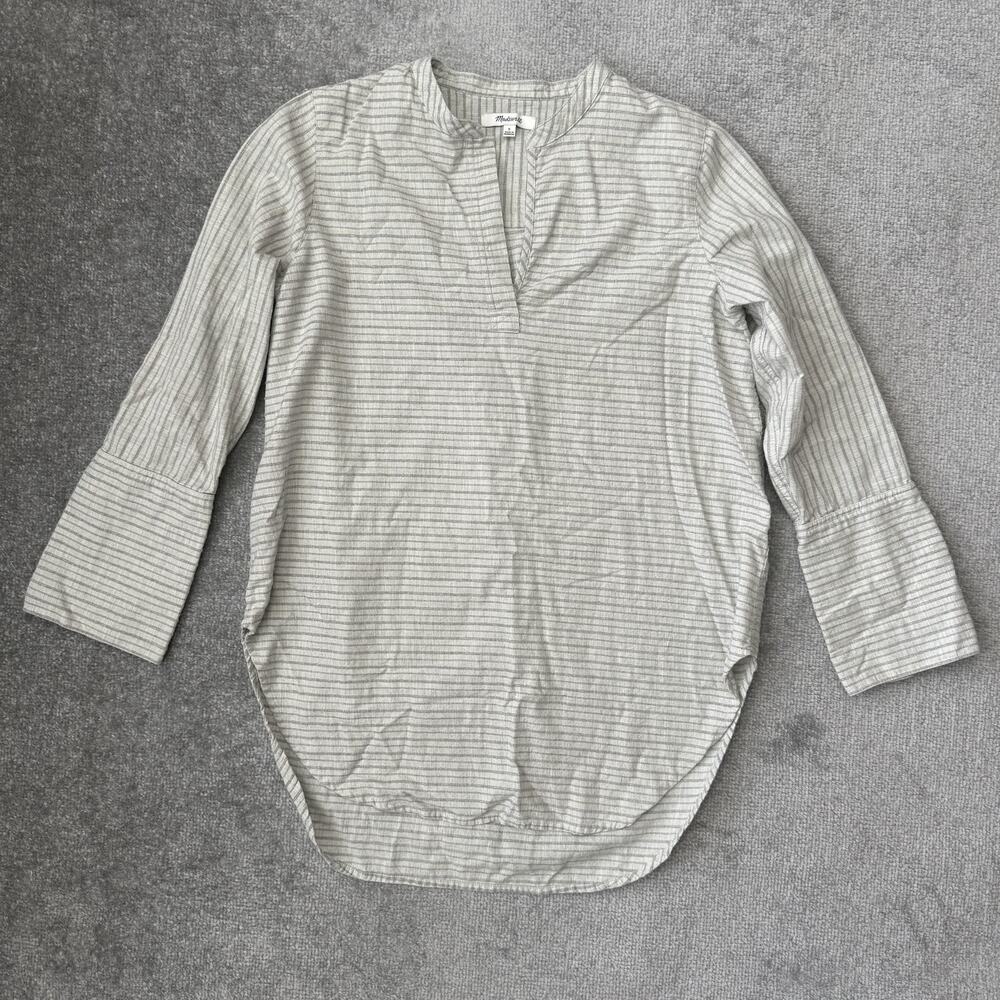 Madewell Shirt Womens Small Gray Striped Split Neck Tunic Lightweight Blouse - Picture 1 of 8